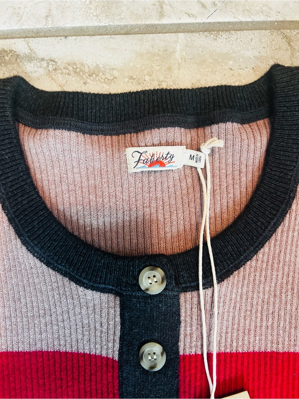 NWT Faherty Mikki Henley Cotton Cashmere Long Sleeve Ribbed Shirt Striped -M - Picture 2 of 8